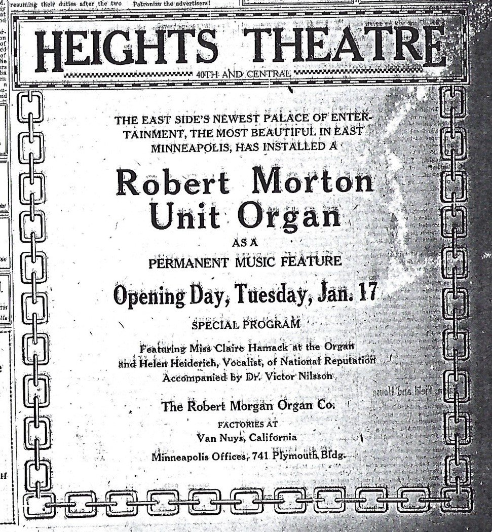 Heights Theater: Robert Morton Unit Organ, Opening Day, Tuesday, Jan. 17