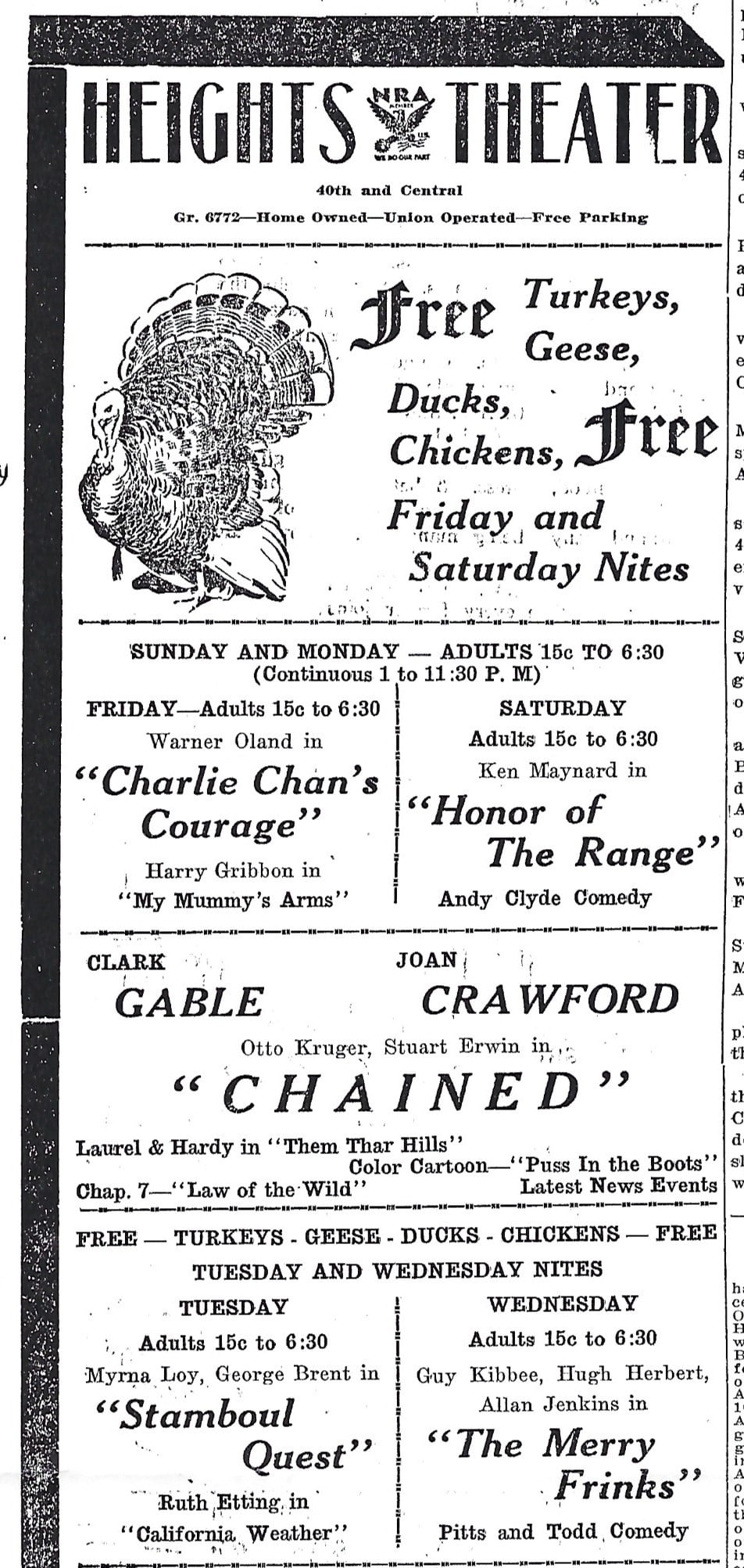 Heights Theater Newsletter, Thanksgiving edition. Features large turkey illustration at the top.