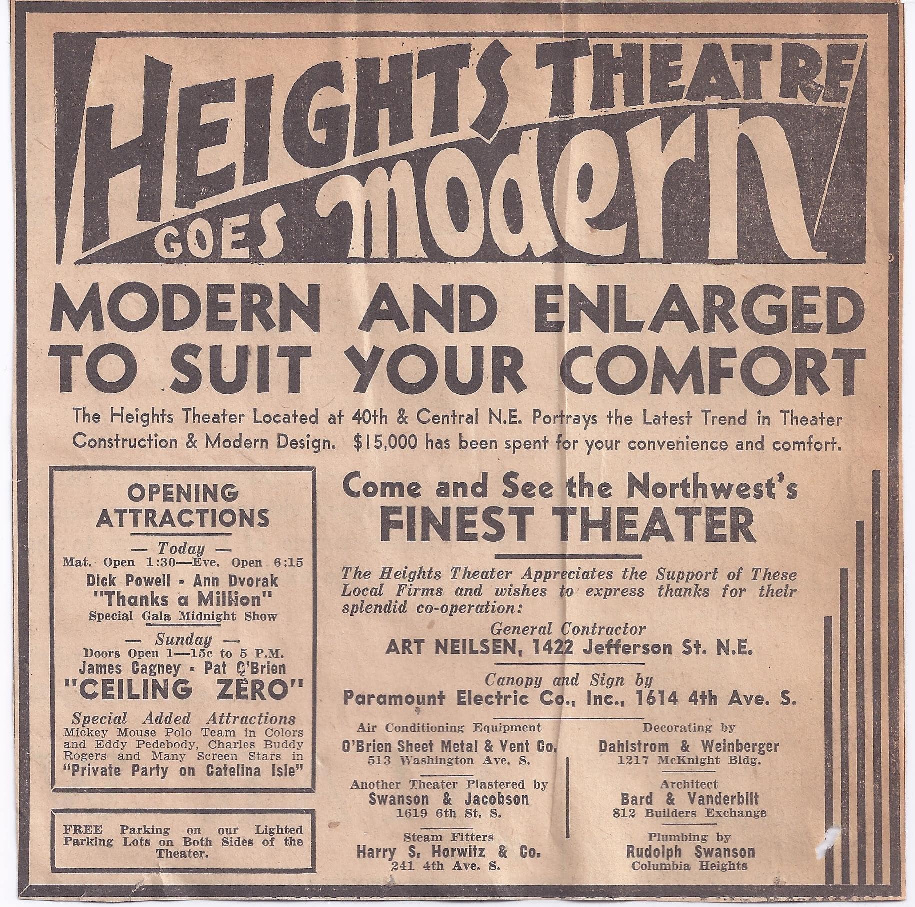 Newspaper clipping with a headline that reads, "Heights Theatre Goes Modern" - subtitle reads "Modern and Enlarged to Suit Your Comfort"