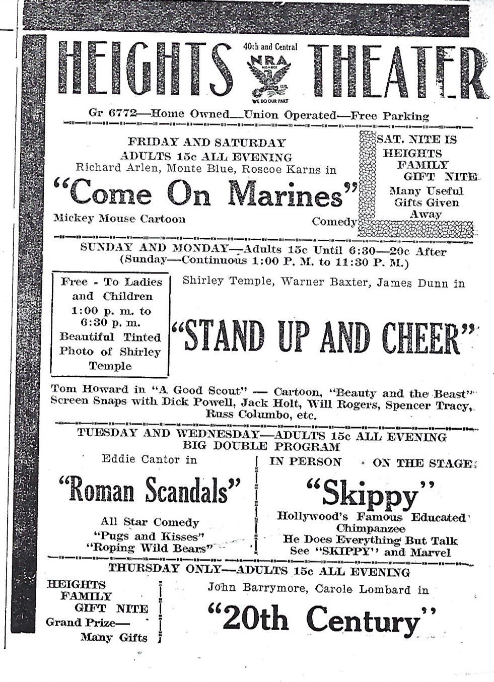 Heights Theater "Come On Marines", "Stand Up And Cheer", "Roman Scandals", "Skippy"