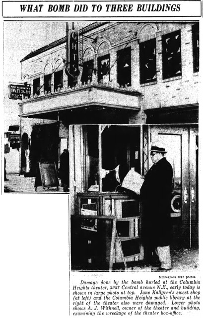 Black and white newspaper clipping showing Heights Theater post-bombing. Headline reads "What Bomb Did To Three Buildings"